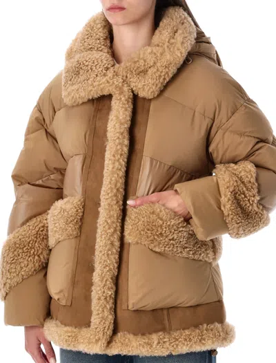 Urbancode Camel Short Puffer Jacket With Faux Shearling In Brown