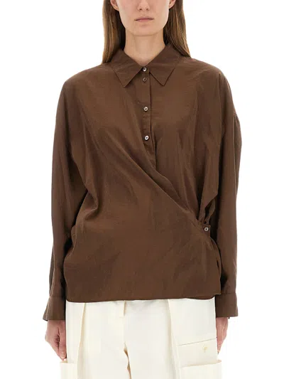 Lemaire Straight Collar Twisted Cotton Shirt In Brown