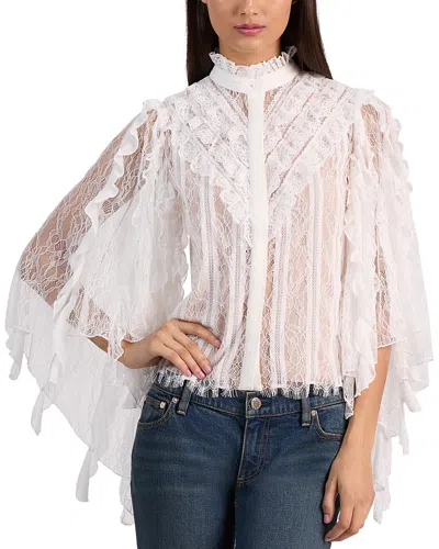 Alice And Olivia Rheba Mock Neck Button Front Lace Ruffle Sleeve Top Off White In White