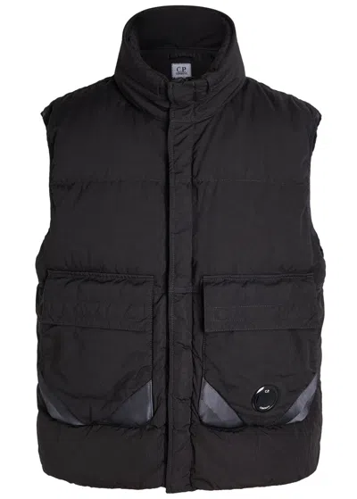 C.p. Company Black Vest With Mock Drawstring Neck And Logo Plaque On The Front In Animal Print