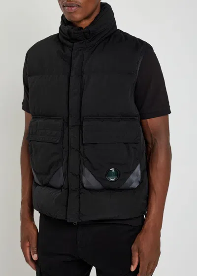 C.p. Company Black Vest With Mock Drawstring Neck And Logo Plaque On The Front In Animal Print