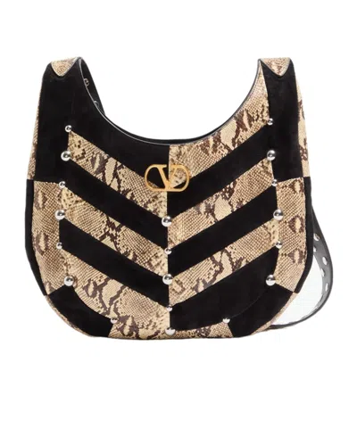 Valentino Garavani  Garavani Hoboho Small Hobo Bag In Python And Chevron-patterned Suede Wi In Black