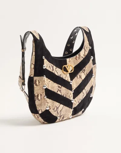 Valentino Garavani  Garavani Hoboho Small Hobo Bag In Python And Chevron-patterned Suede Wi In Black
