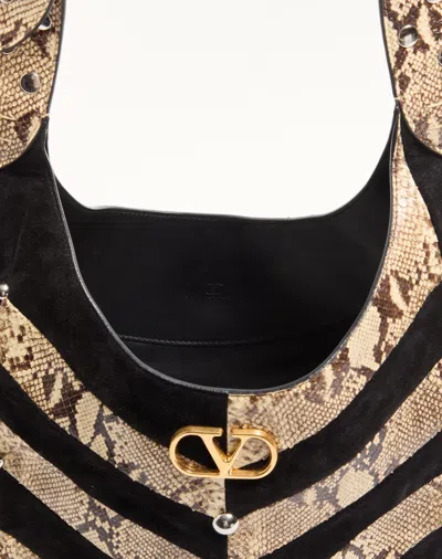 Valentino Garavani  Garavani Hoboho Small Hobo Bag In Python And Chevron-patterned Suede Wi In Black