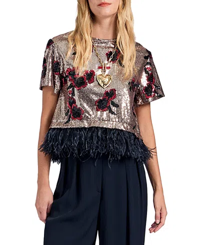 La Doublej La Scala Tee With Feathers Primrose Bronze In Multi
