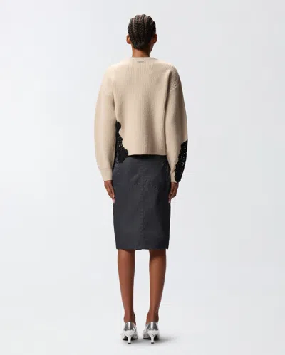 Pinko Beige Crewneck Sweater With Lace Embroidery And Logo Patch On The Rear In Wool Blend Woman In Brown