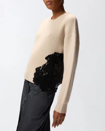 Pinko Beige Crewneck Sweater With Lace Embroidery And Logo Patch On The Rear In Wool Blend Woman In Brown