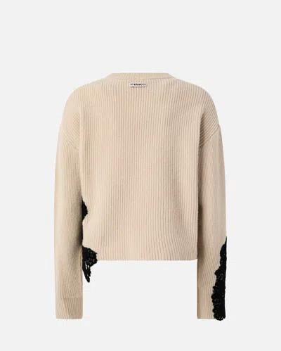 Pinko Beige Crewneck Sweater With Lace Embroidery And Logo Patch On The Rear In Wool Blend Woman In Brown