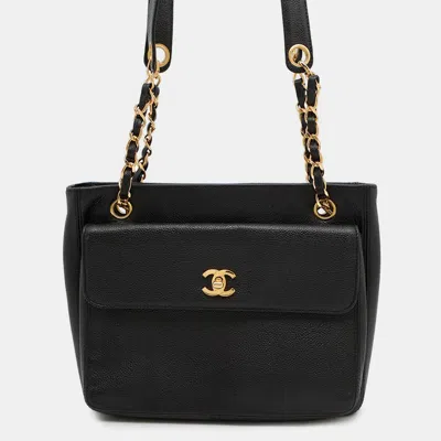 Pre-owned Chanel Cc Logo Black Caviar Leather Chain Tote Bag