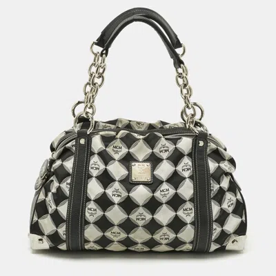 Pre-owned Mcm Black Printed Fabric And Leather Zip Satchel