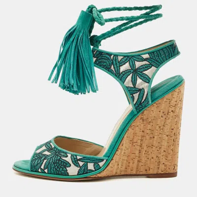 Pre-owned Paul Andrew Blue/silver Fabric And Suede Ankle Tassel Tie Wedge Sandals Size 40