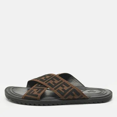 Pre-owned Fendi Brown/black Zucca Canvas Cross Strap Flat Slides Size 43