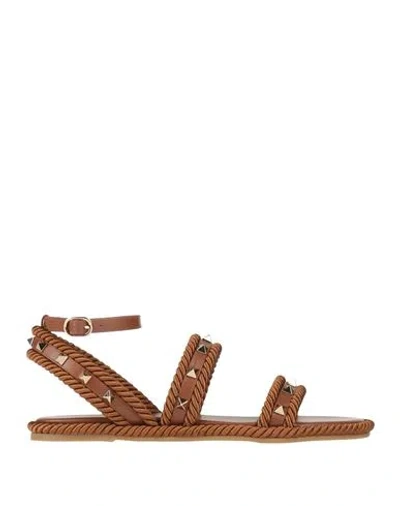Valentino Garavani Caramel Fabric Rockstud Sandals In Brown