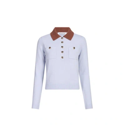 Self-portrait Knit Top Contrasting Collar Front Pockets In Blue