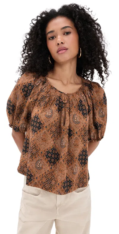 The Great The Moorland Puff-sleeve Bandana-print Top In Brown