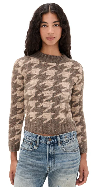 R13 Mock Collar Shrunken Sweater Brown With Tan Houndstooth In Animal Print