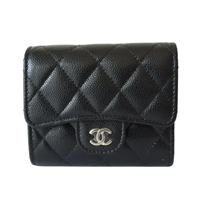 Pre-owned Chanel Cc Caviar Quilted Trifold Compact Flap Wallet Black