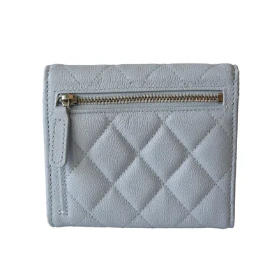 Pre-owned Chanel Cc Caviar Quilted Trifold Compact Flap Wallet With Zipped Light Blue