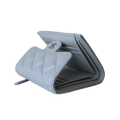 Pre-owned Chanel Cc Caviar Quilted Trifold Compact Flap Wallet With Zipped Light Blue