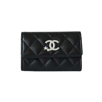 Pre-owned Chanel Cc Lambskin Quilted Flap Crystal Star Card Holder Wallet Black