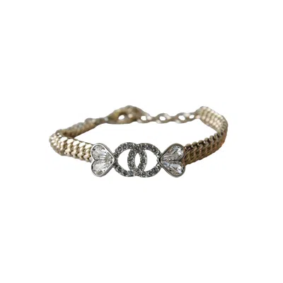 Pre-owned Chanel Crystal Strass Cc Heart Chain Bracelet Gold