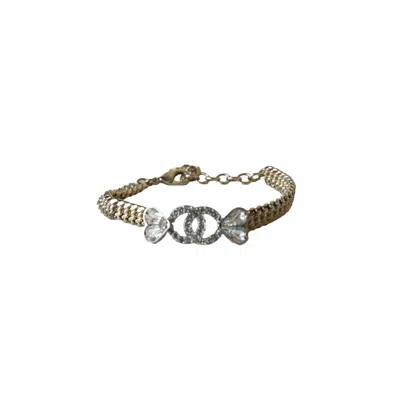 Pre-owned Chanel Crystal Strass Cc Heart Chain Bracelet Gold