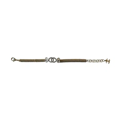 Pre-owned Chanel Crystal Strass Cc Heart Chain Bracelet Gold