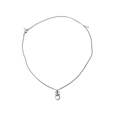 Pre-owned Chanel Crystal Strass Cc Heart Pendant Necklace Silver