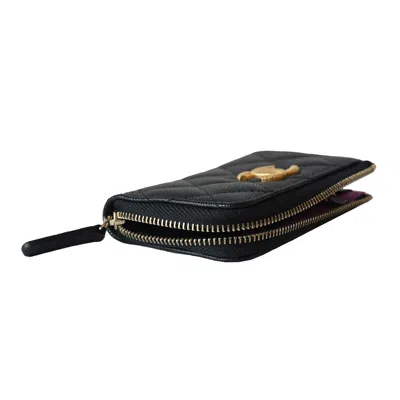 Pre-owned Chanel Gold Cc Logo Zipped Key Holder Case Wallet Black