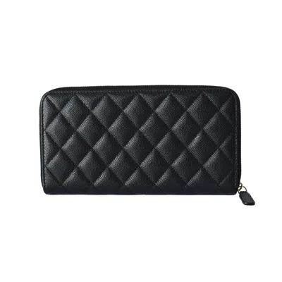 Pre-owned Chanel Perforated Cc Mark Caviar Quilted Long Zipped Wallet Black