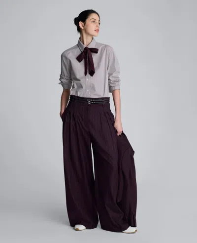 Kenneth Cole Pinstripe Pleated Double Belted High Waist Wide Leg Pants In Purple