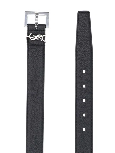 Saint Laurent Cassandre Leather Belt In Black