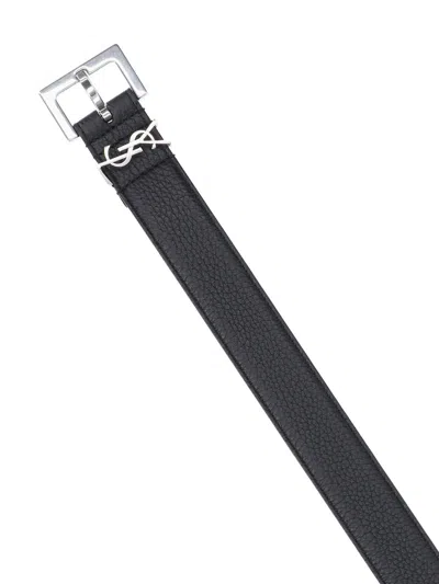 Saint Laurent Cassandre Leather Belt In Black
