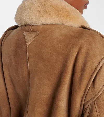 Prada Leather Jacket With Fur Collar And Epaulettes In Brown
