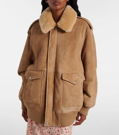 Prada Leather Jacket With Fur Collar And Epaulettes In Brown