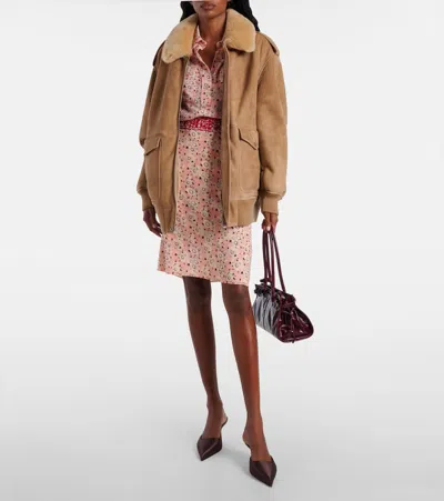 Prada Leather Jacket With Fur Collar And Epaulettes In Brown