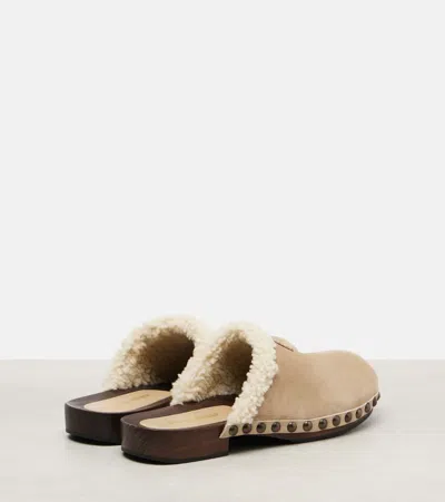 Miu Miu Shearling-trimmed Suede Clogs In Neutral