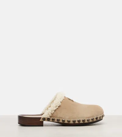 Miu Miu Shearling-trimmed Suede Clogs In Neutral