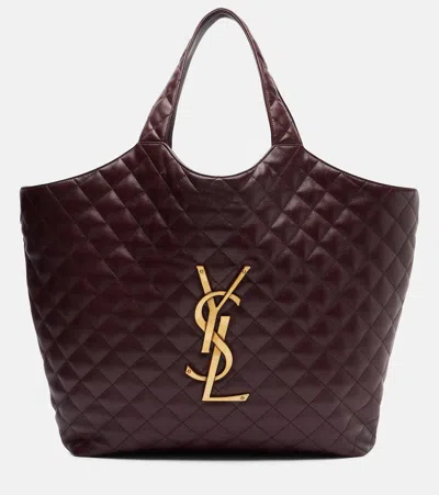 Saint Laurent Icare Extra Large Embellished Quilted Leather Tote In Burgundy