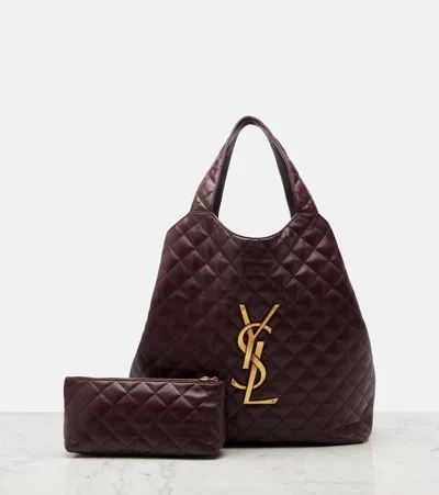 Saint Laurent Icare Extra Large Embellished Quilted Leather Tote In Burgundy