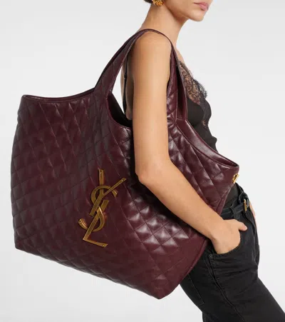 Saint Laurent Icare Extra Large Embellished Quilted Leather Tote In Burgundy