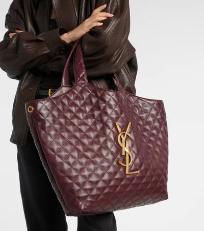 Saint Laurent Icare Extra Large Embellished Quilted Leather Tote In Burgundy
