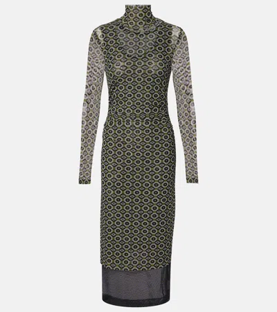 Dries Van Noten Mesh Layered Midi Dress With Asymmetrical Ruffles In Green