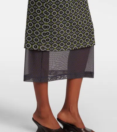 Dries Van Noten Mesh Layered Midi Dress With Asymmetrical Ruffles In Green