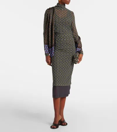 Dries Van Noten Mesh Layered Midi Dress With Asymmetrical Ruffles In Green