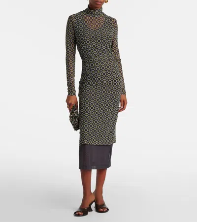 Dries Van Noten Mesh Layered Midi Dress With Asymmetrical Ruffles In Green