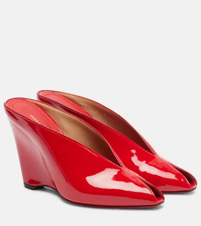 Ferragamo Alicia Patent Leather Peep-toe Wedge Mules In Red