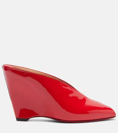 Ferragamo Alicia Patent Leather Peep-toe Wedge Mules In Red