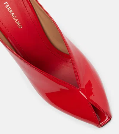 Ferragamo Alicia Patent Leather Peep-toe Wedge Mules In Red