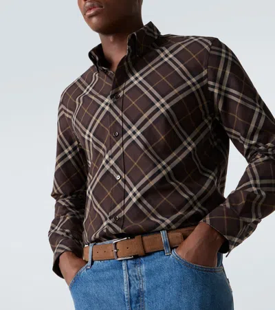 Burberry Long Sleeve Button-down Shirt With Plaid Design In Brown